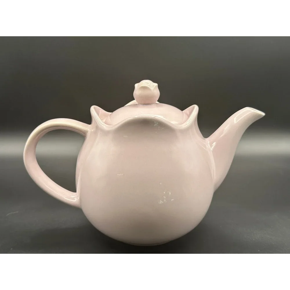 Lavender Ceramic Teapot 3D Floral Applique Scalloped Rim Vintage Pastel 6.5in